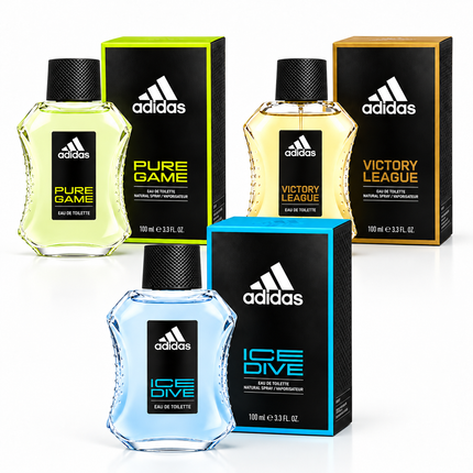Adidas Men’s EDT Bundle – Ice Dive, Pure Game & Victory League - 3 × 100ml   aromaflare.com samples,  Decant Samples 100% authentic , niche fragrances, mans cologne, woman perfume, Full retail bottle 
