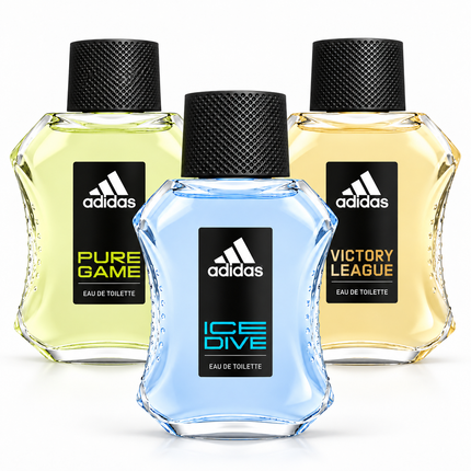Adidas Men’s EDT Bundle – Ice Dive, Pure Game & Victory League - 3 × 100ml   aromaflare.com samples,  Decant Samples 100% authentic , niche fragrances, mans cologne, woman perfume, Full retail bottle 