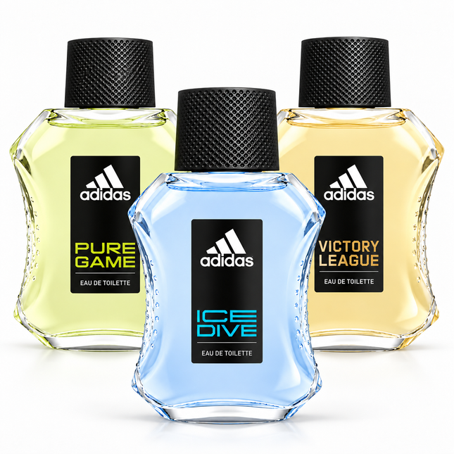 Adidas Men’s EDT Bundle – Ice Dive, Pure Game & Victory League - 3 × 100ml   aromaflare.com samples,  Decant Samples 100% authentic , niche fragrances, mans cologne, woman perfume, Full retail bottle 