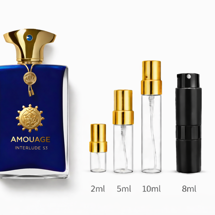 Amouage- Interlude 53 Extrait de Parfum samples 2ml 5ml 10ml 8ml
 aromaflare.com samples,  Decant Samples 100% authentic , niche fragrances, mans cologne, woman perfume, Full retail bottle 