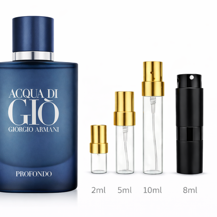 Giorgio Armani- Acqua di Giò Profondo Eau de Parfum
 aromaflare.com samples,  Decant Samples 100% authentic , niche fragrances, mans cologne, woman perfume, Full retail bottle 