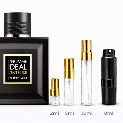 Guerlain- L'Homme Ideal L'Intense Eau De Parfum samples 2ml 5ml 8ml 10ml 
 aromaflare.com samples,  Decant Samples 100% authentic , niche fragrances, mans cologne, woman perfume, Full retail bottle 