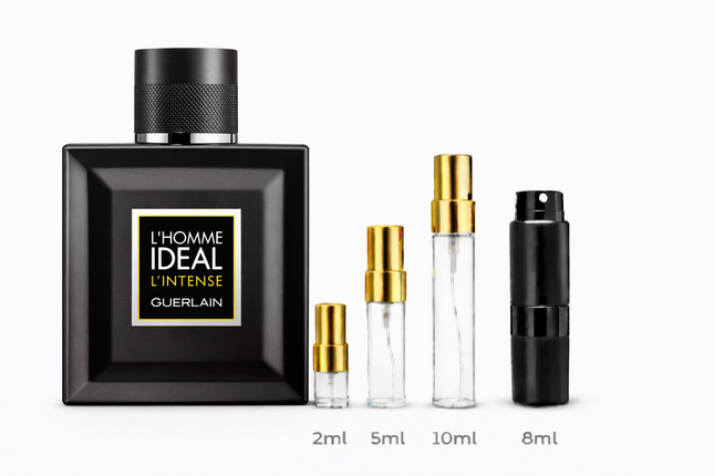 Guerlain- L'Homme Ideal L'Intense Eau De Parfum samples 2ml 5ml 8ml 10ml 
 aromaflare.com samples,  Decant Samples 100% authentic , niche fragrances, mans cologne, woman perfume, Full retail bottle 