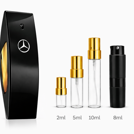 Mercedes Benz- Club Black Eau De Toilette  samples 2ml 5ml 8ml 10ml 
 aromaflare.com samples,  Decant Samples 100% authentic , niche fragrances, mans cologne, woman perfume, Full retail bottle 