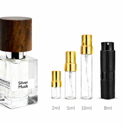 Nasomatto- Silver Musk Extrait De Parfum
 aromaflare.com samples,  Decant Samples 100% authentic , niche fragrances, mans cologne, woman perfume, Full retail bottle 