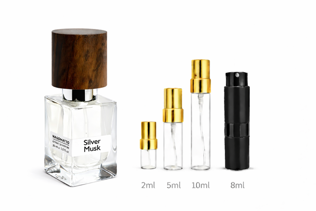Nasomatto- Silver Musk Extrait De Parfum
 aromaflare.com samples,  Decant Samples 100% authentic , niche fragrances, mans cologne, woman perfume, Full retail bottle 