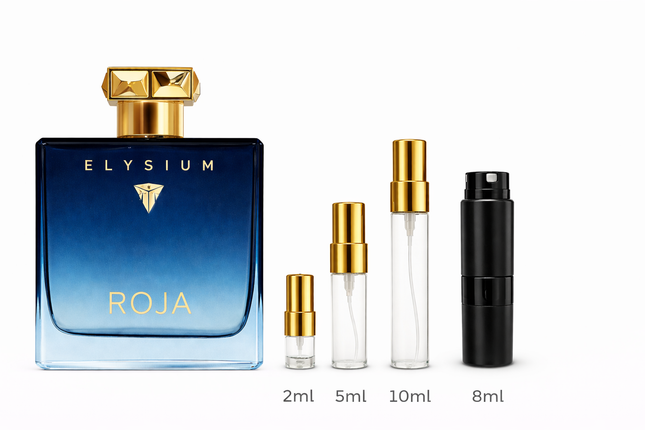 Roja- Elysium Eau de Parfum samples  2ml 5ml 8ml 10ml 
 aromaflare.com samples,  Decant Samples 100% authentic , niche fragrances, mans cologne, woman perfume, Full retail bottle 
