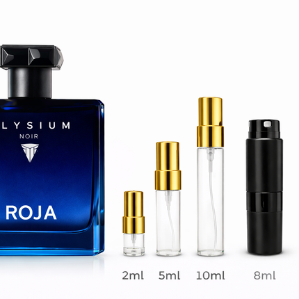 Roja- Elysium Noir Eau de Parfum samples 2ml 5ml 8ml 10ml 
 aromaflare.com samples,  Decant Samples 100% authentic , niche fragrances, mans cologne, woman perfume, Full retail bottle 
