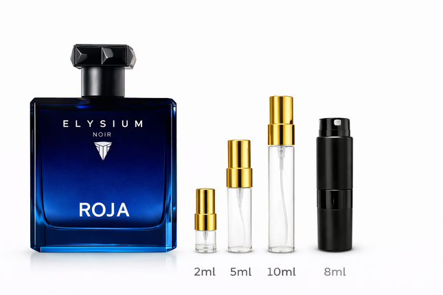 Roja- Elysium Noir Eau de Parfum samples 2ml 5ml 8ml 10ml 
 aromaflare.com samples,  Decant Samples 100% authentic , niche fragrances, mans cologne, woman perfume, Full retail bottle 
