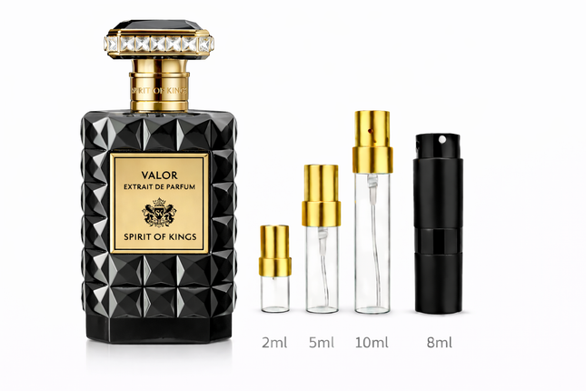 Spirit of Kings- Valor Extrait de Parfum
 aromaflare.com samples,  Decant Samples 100% authentic , niche fragrances, mans cologne, woman perfume, Full retail bottle 