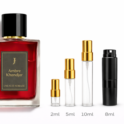 Une Nuit Nomade- Ambre Khandjar Eau de Parfum samples 2ml 5ml 8ml 10ml aromaflare.com samples,  Decant Samples 2ml 5ml 8ml 10ml  100% authentic , niche fragrances, mans cologne, woman perfume, Full retail bottle 
